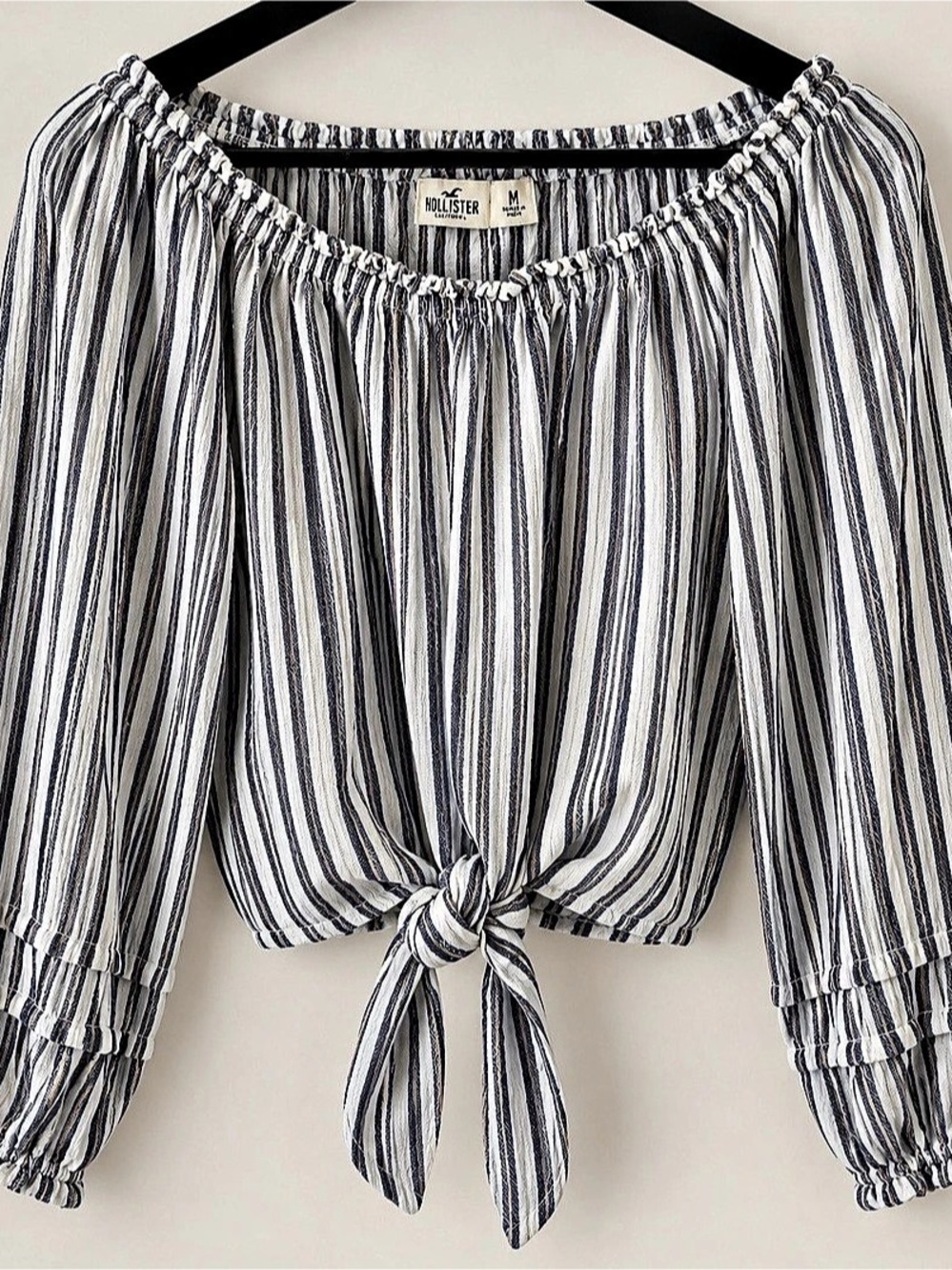 Hollister Striped Off Shoulder Tie Front Blouse M Coastal Boho